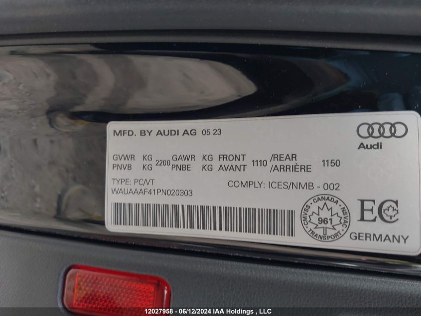 2023 Audi A4 Sedan VIN: WAUAAAF41PN020303 Lot: 12027958