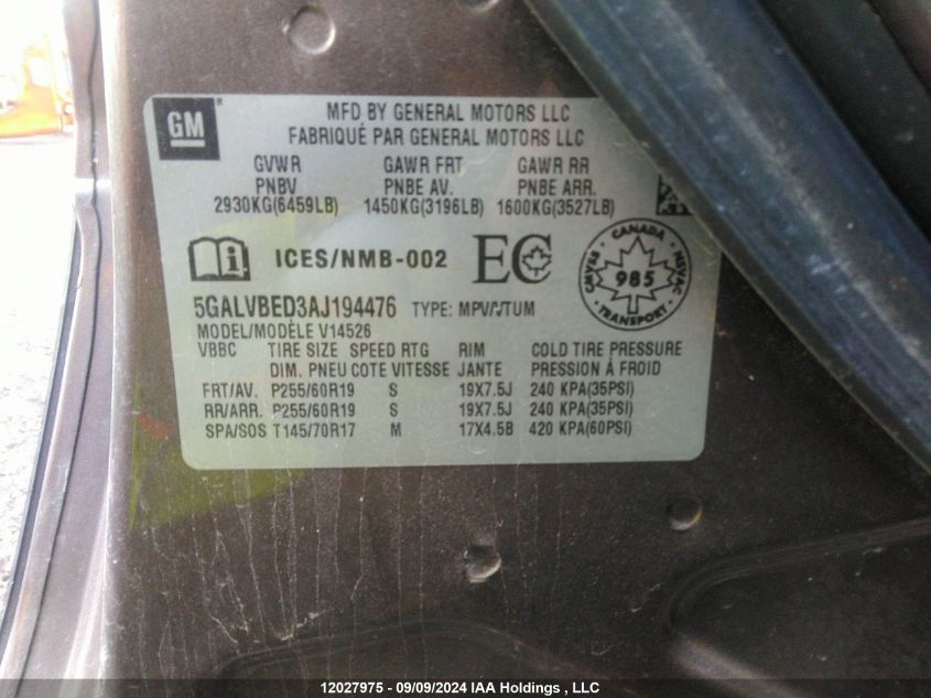 2010 Buick Enclave VIN: 5GALVBED3AJ194476 Lot: 12027975