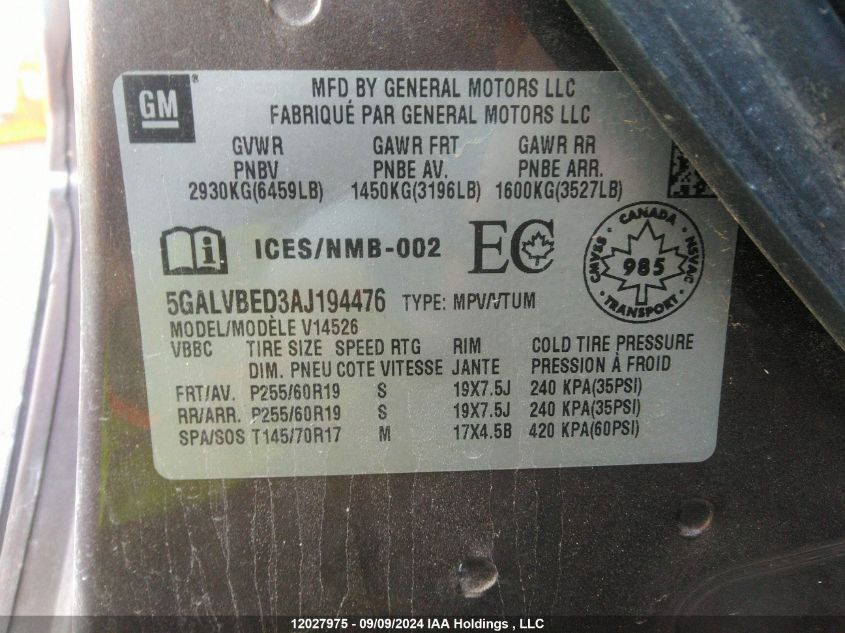 2010 Buick Enclave VIN: 5GALVBED3AJ194476 Lot: 12027975