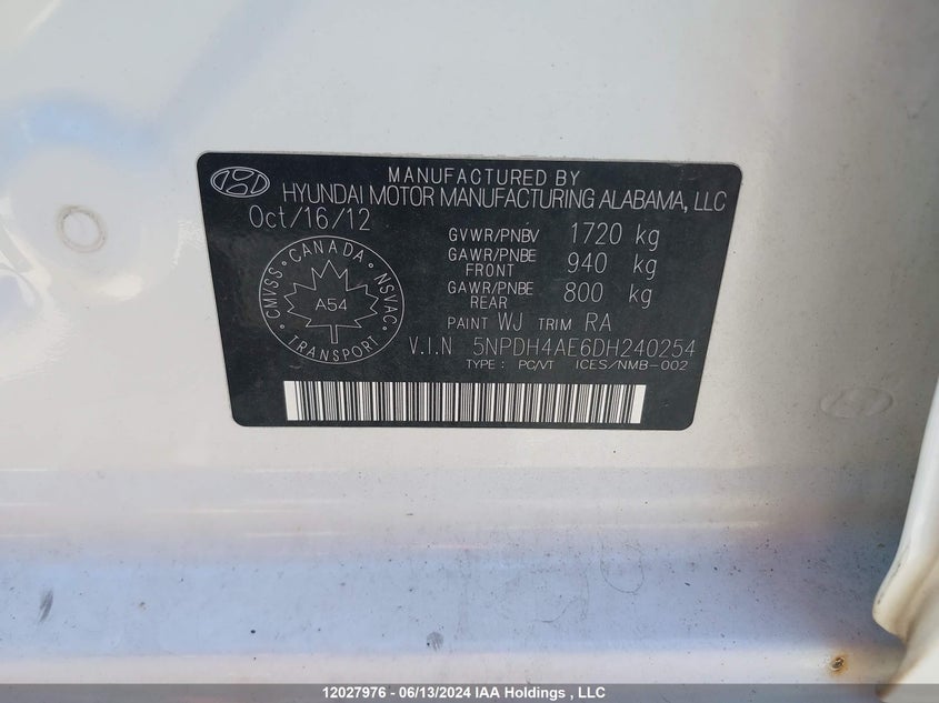 2013 Hyundai Elantra Gls/Limited VIN: 5NPDH4AE6DH240254 Lot: 12027976