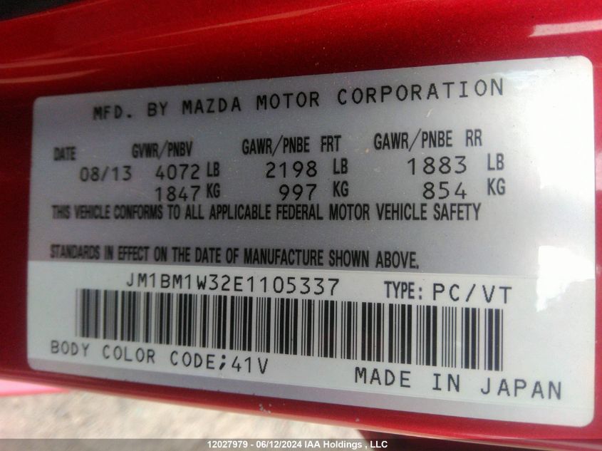 2014 Mazda Mazda3 VIN: JM1BM1W32E1105337 Lot: 12027979