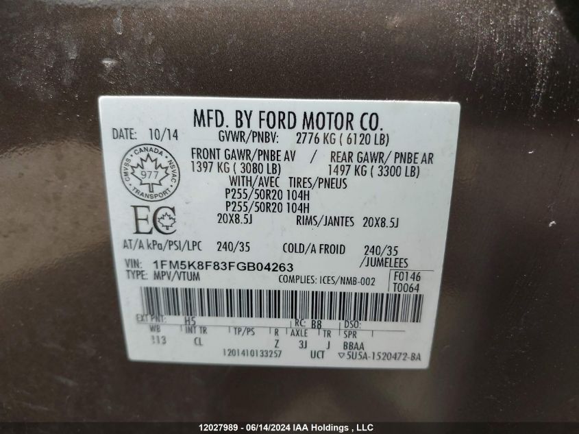 2015 Ford Explorer Limited VIN: 1FM5K8F83FGB04263 Lot: 12027989