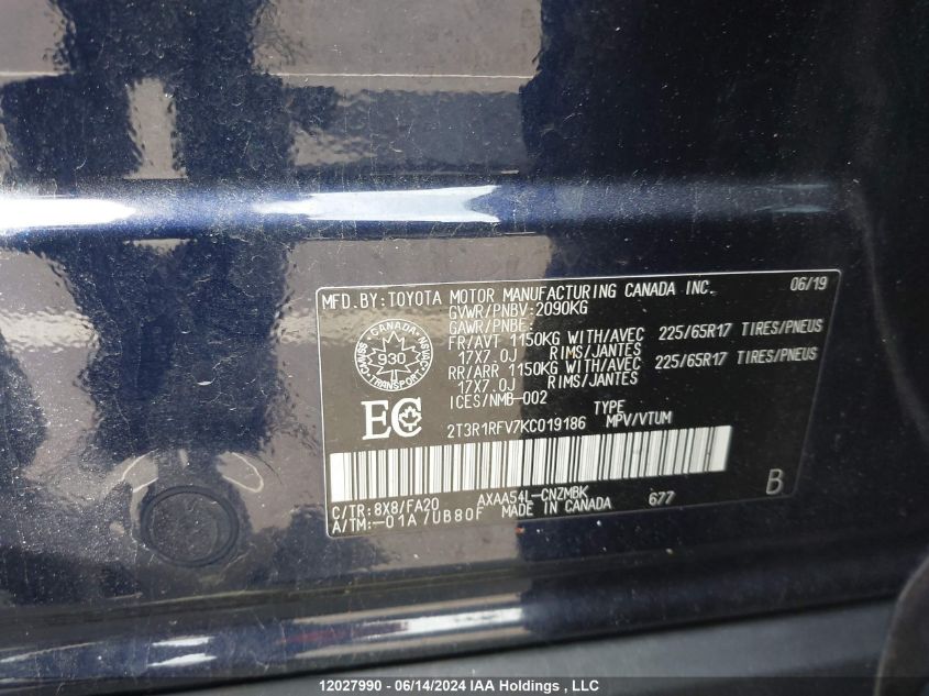 2019 Toyota Rav4 Xle/Xle Premium VIN: 2T3R1RFV7KC019186 Lot: 12027990