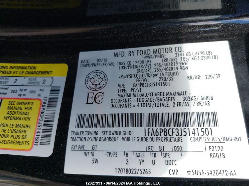 2018 Ford Mustang Gt VIN: 1FA6P8CF3J5141501 Lot: 12027991