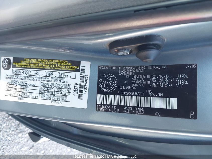 2005 Toyota Sienna VIN: 5TDZA29CX5S363732 Lot: 12027994