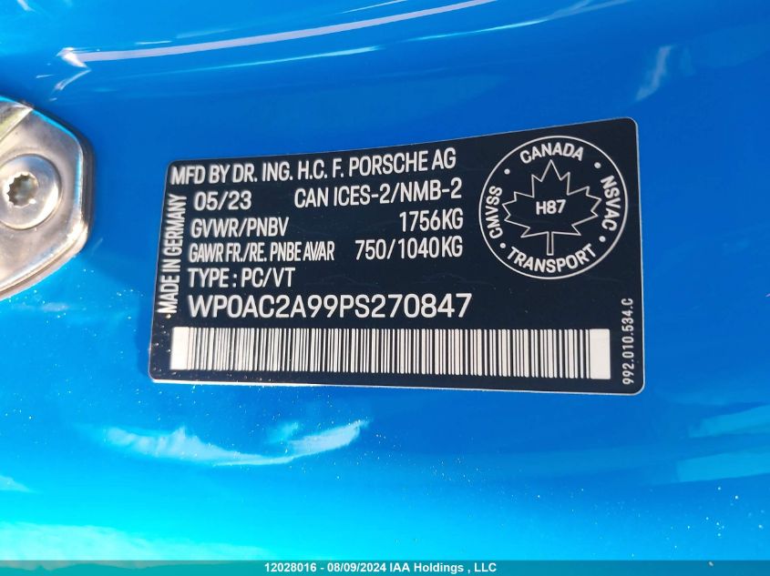 2023 Porsche 911 VIN: WP0AC2A99PS270847 Lot: 12028016