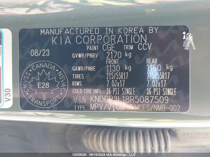 2024 Kia Niro Ev VIN: KNDCR3L18R5087509 Lot: 12028020