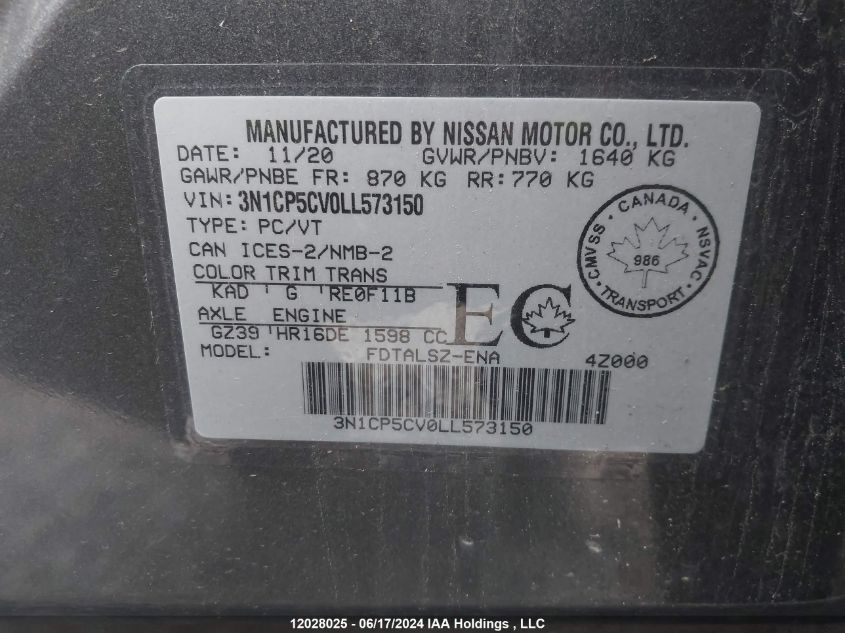 2020 Nissan Kicks VIN: 3N1CP5CV0LL573150 Lot: 12028025