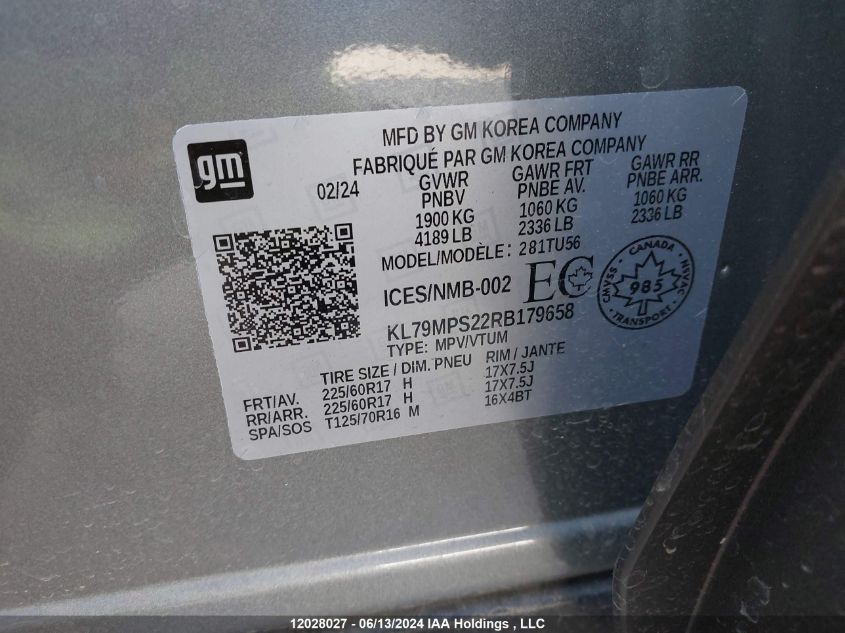 2024 Chevrolet Trailblazer VIN: KL79MPS22RB179658 Lot: 12028027