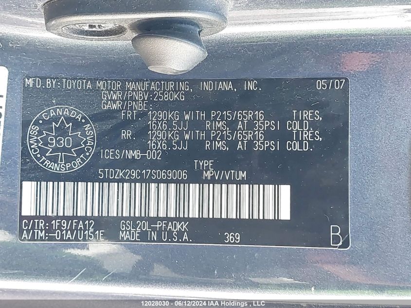 2007 Toyota Sienna VIN: 5TDZK29C17S069006 Lot: 12028030