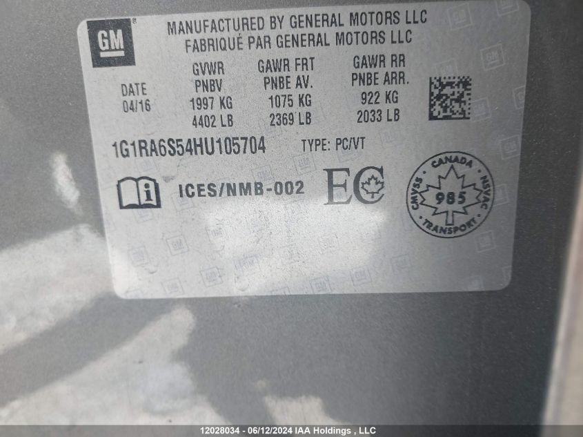 1G1RA6S54HU105704 2017 Chevrolet Volt