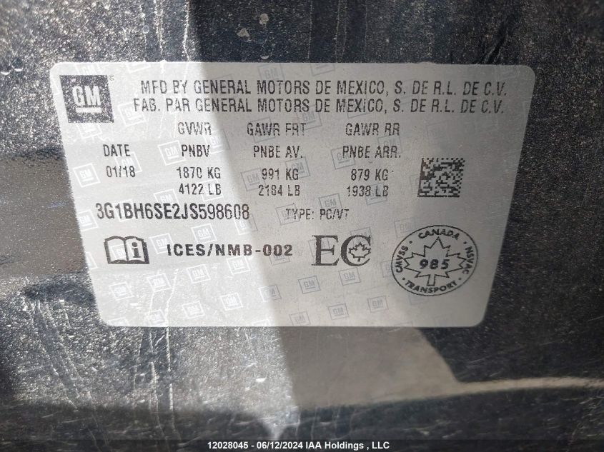 2018 Chevrolet Cruze VIN: 3G1BH6SE2JS598608 Lot: 12028045