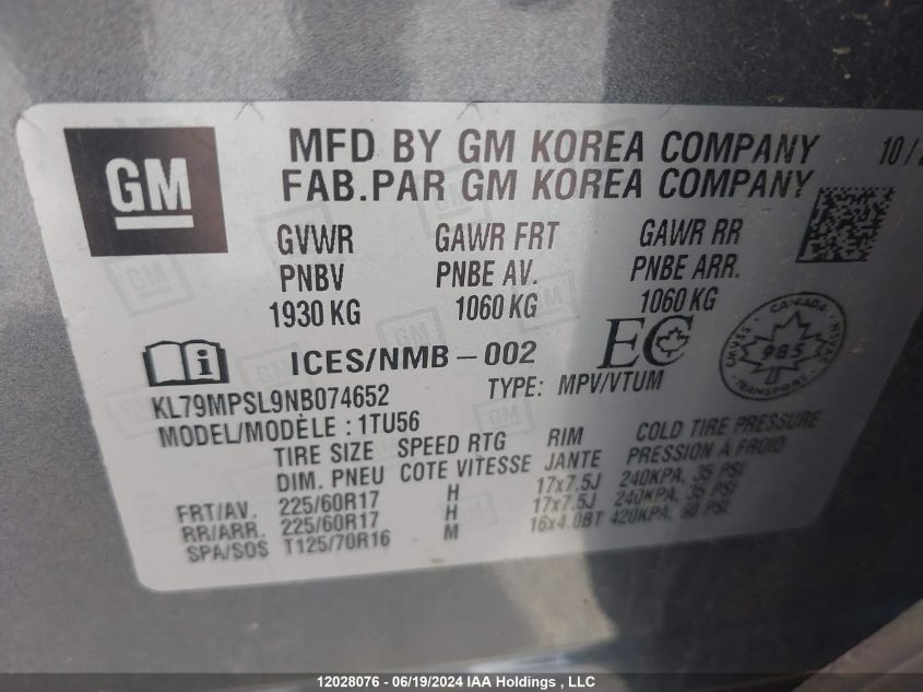 2022 Chevrolet Trailblazer Lt VIN: KL79MPSL9NB074652 Lot: 12028076