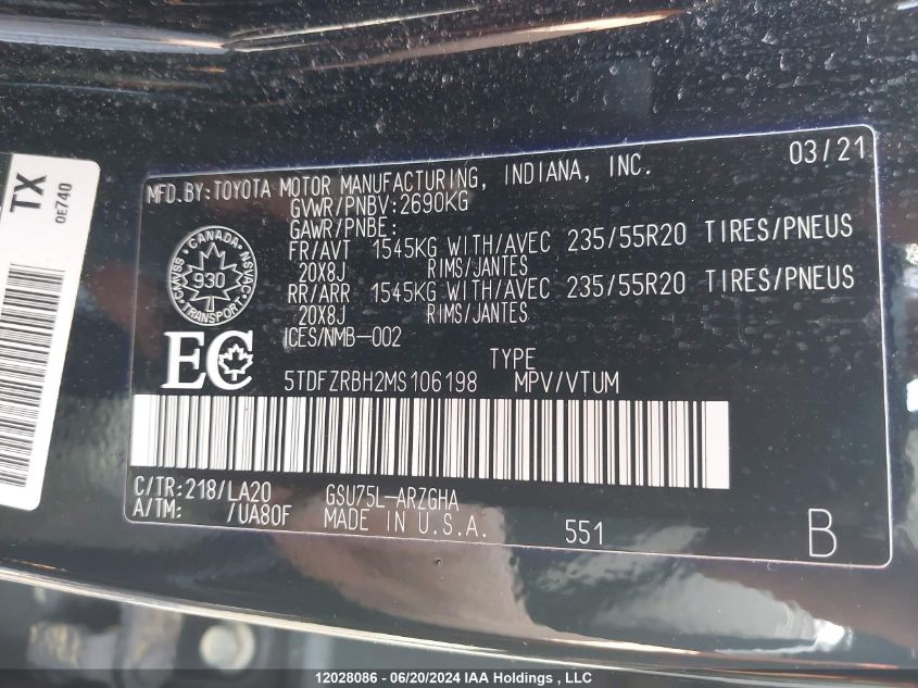 2021 Toyota Highlander VIN: 5TDFZRBH2MS106198 Lot: 12028086