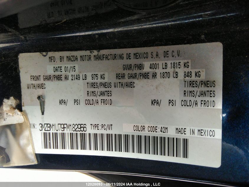 2015 Mazda 3 Sport VIN: 3MZBM1U79FM182956 Lot: 12028093