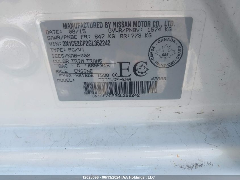 2016 Nissan Versa Note S/S Plus/Sv/Sl/Sr VIN: 3N1CE2CP2GL352242 Lot: 12028096