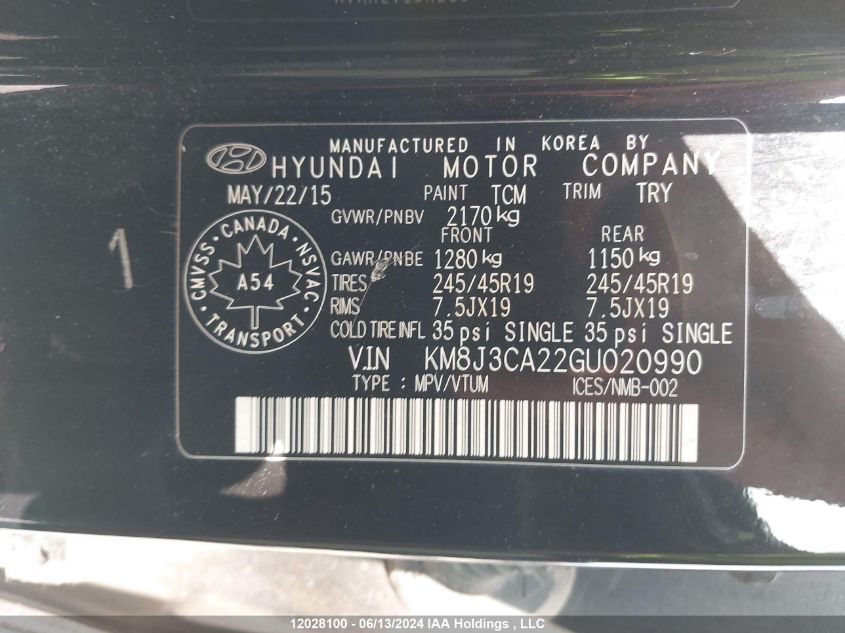 2016 Hyundai Tucson Premium 1.6 VIN: KM8J3CA22GU020990 Lot: 12028100