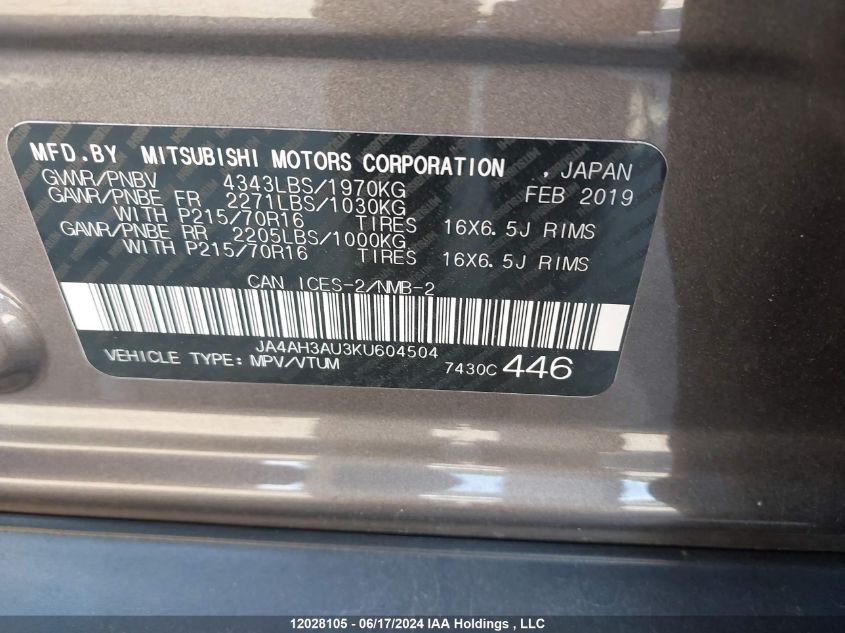 2019 Mitsubishi Rvr VIN: JA4AH3AU3KU604504 Lot: 12028105