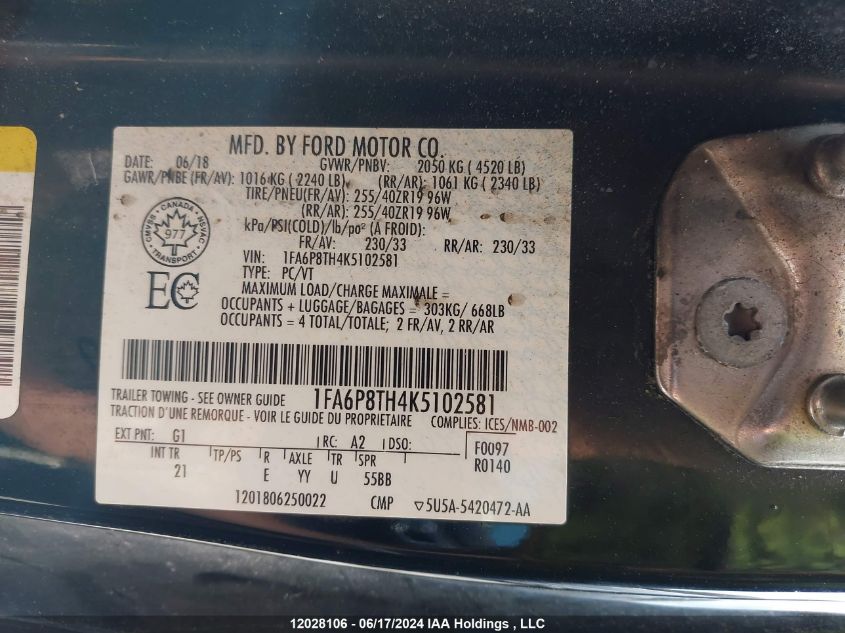2019 Ford Mustang Ecoboost VIN: 1FA6P8TH4K5102581 Lot: 12028106