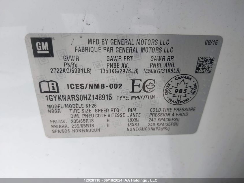 2017 Cadillac Xt5 VIN: 1GYKNARS0HZ148915 Lot: 12028118