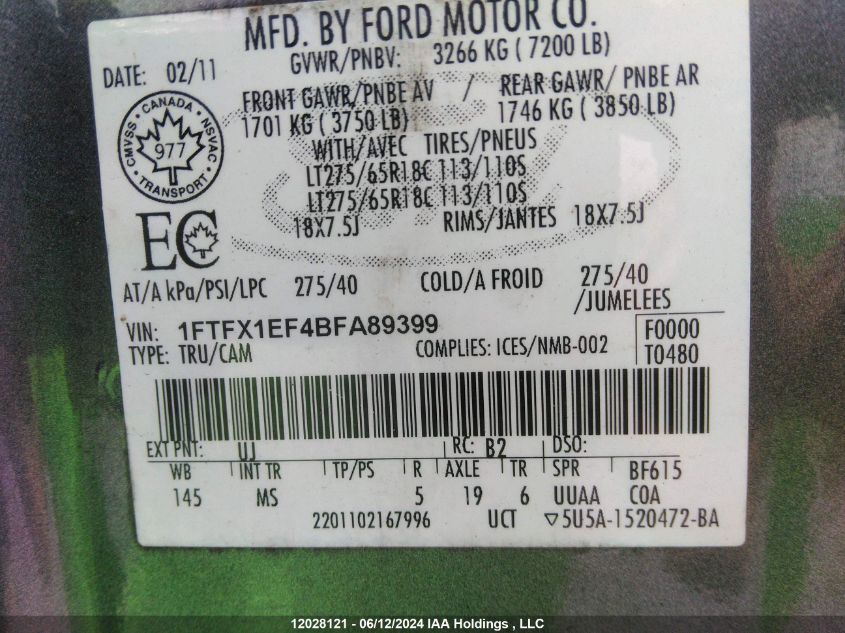 2011 Ford F-150 VIN: 1FTFX1EF4BFA89399 Lot: 12028121