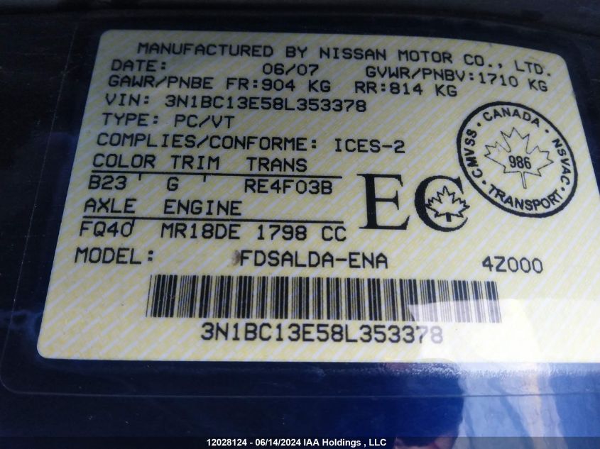 2008 Nissan Versa S/Sl VIN: 3N1BC13E58L353378 Lot: 12028124