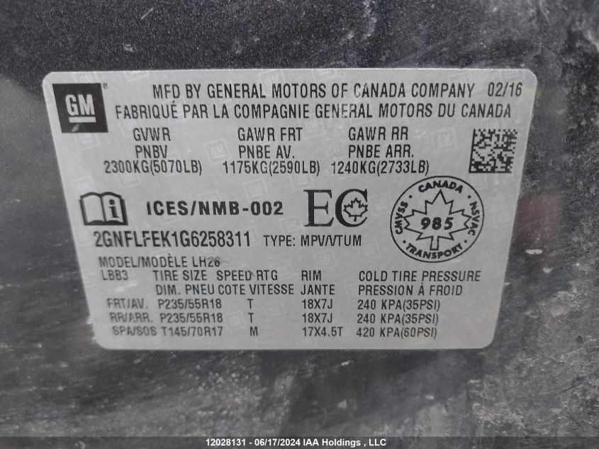 2016 Chevrolet Equinox VIN: 2GNFLFEK1G6258311 Lot: 12028131