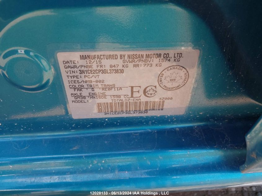 2016 Nissan Versa Note VIN: 3N1CE2CP3GL373830 Lot: 12028133