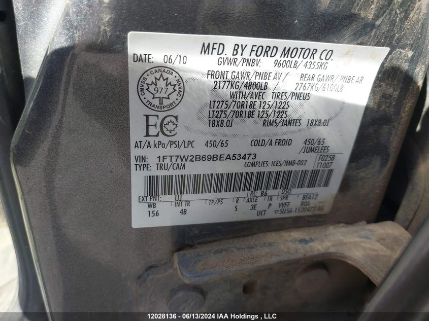 2011 Ford F250 Super Duty VIN: 1FT7W2B69BEA53473 Lot: 12028136