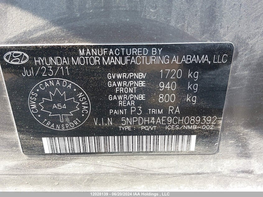 2012 Hyundai Elantra VIN: 5NPDH4AE9CH089392 Lot: 12028139