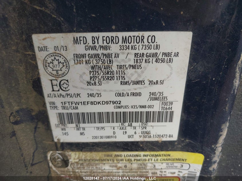 2013 Ford F-150 VIN: 1FTFW1EF8DKD97902 Lot: 12028147