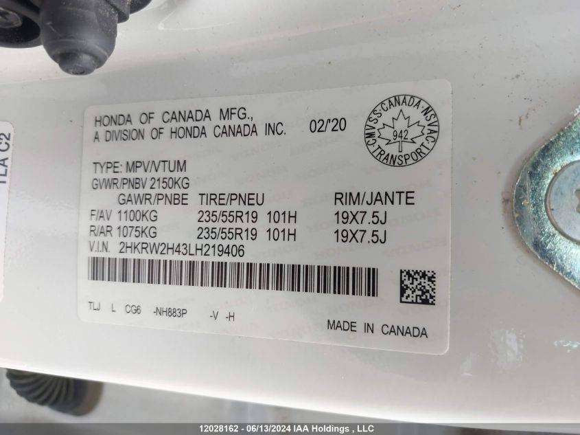 2020 Honda Cr-V Sport VIN: 2HKRW2H43LH219406 Lot: 12028162