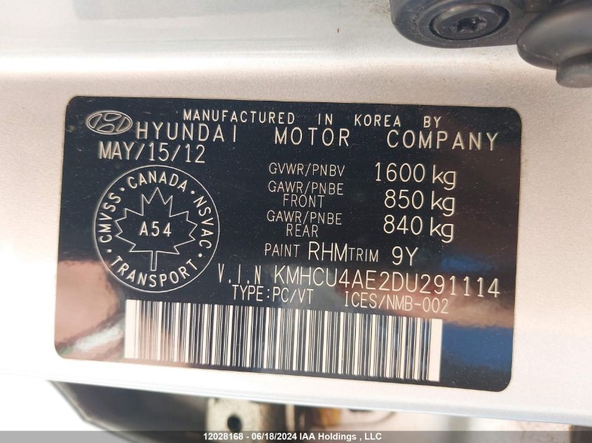 2013 Hyundai Accent VIN: KMHCU4AE2DU291114 Lot: 12028168