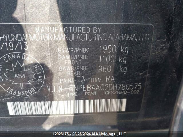 2013 Hyundai Sonata Gls VIN: 5NPEB4AC2DH780575 Lot: 12028175