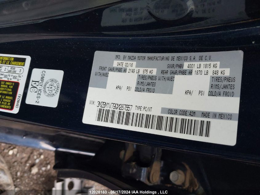 2016 Mazda Mazda3 VIN: 3MZBM1V79GM287657 Lot: 12028183