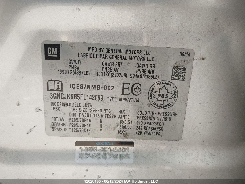 2015 Chevrolet Trax VIN: 3GNCJKSB5FL142089 Lot: 12028195