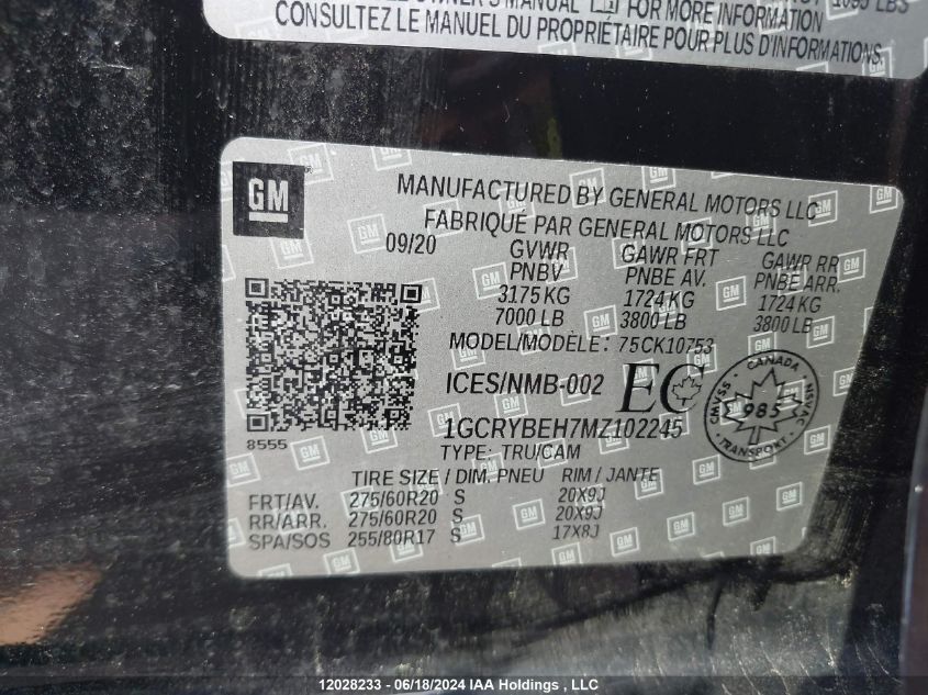 2021 Chevrolet Silverado 1500 VIN: 1GCRYBEH7MZ102245 Lot: 12028233