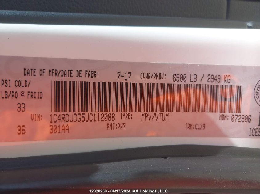 2018 Dodge Durango Gt VIN: 1C4RDJDG5JC112088 Lot: 12028239