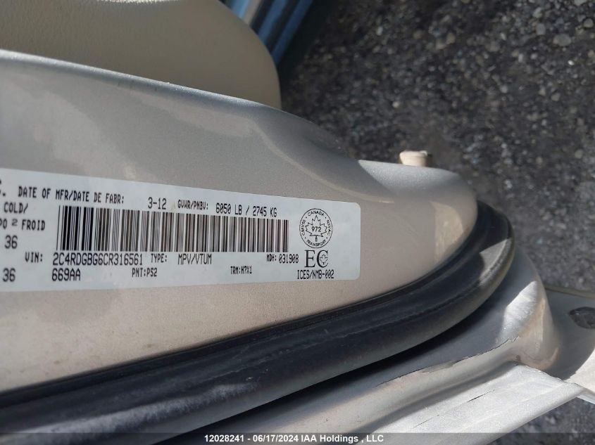 2012 Dodge Grand Caravan Se/Sxt VIN: 2C4RDGBG6CR316561 Lot: 12028241