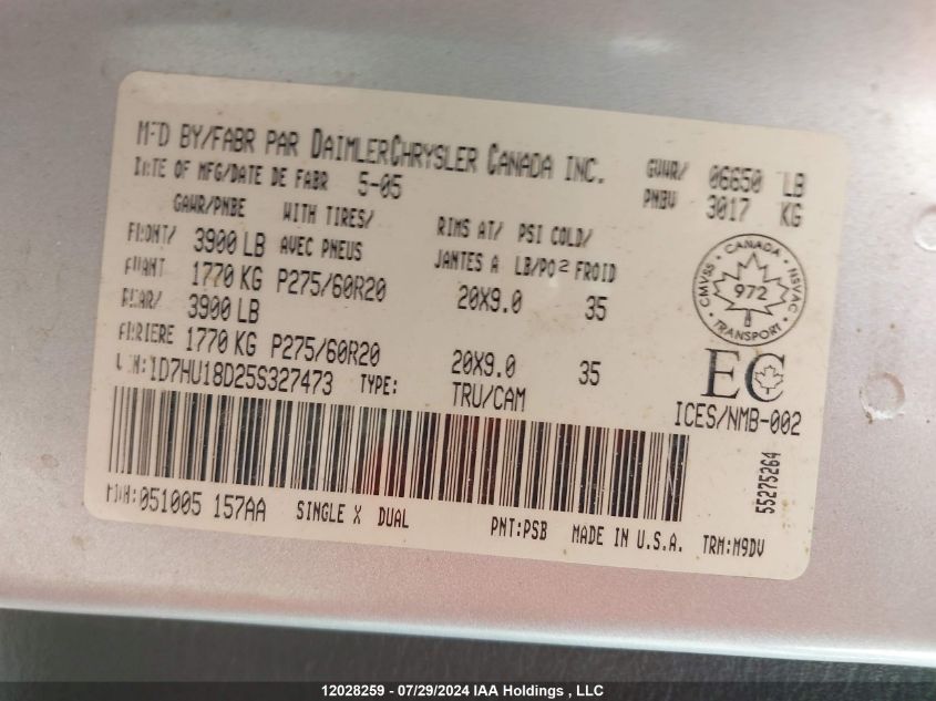 2005 Dodge Ram 1500 VIN: 1D7HU18D25S327473 Lot: 12028259