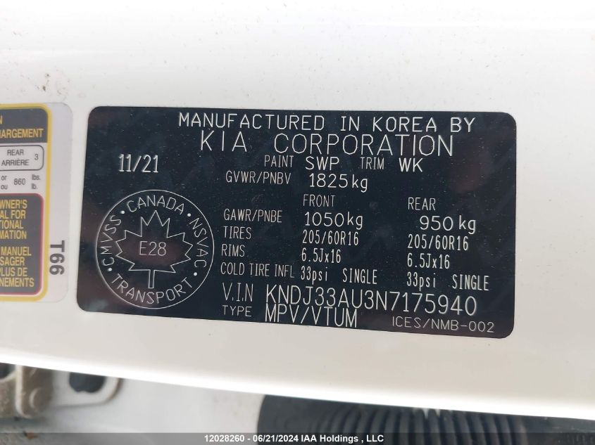 2022 Kia Soul VIN: KNDJ33AU3N7175940 Lot: 12028260