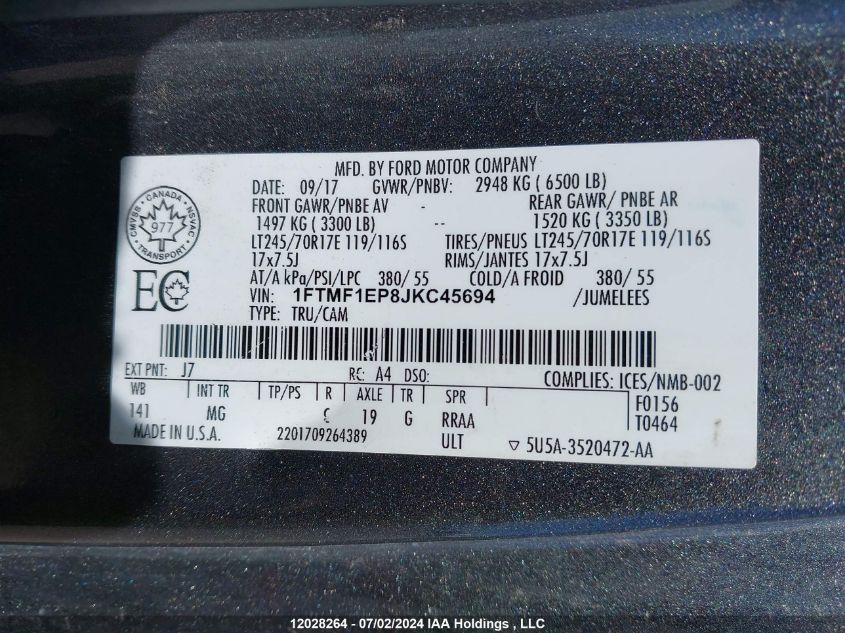 2018 Ford F-150 Xlt VIN: 1FTMF1EP8JKC45694 Lot: 12028264