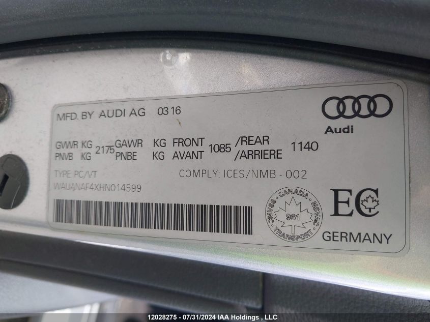 2017 Audi A4 VIN: WAUANAF4XHN014599 Lot: 12028275