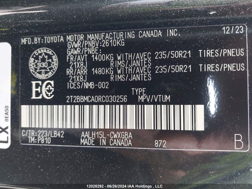 2024 Lexus Rx 350H VIN: 2T2BBMCA0RC030256 Lot: 12028292