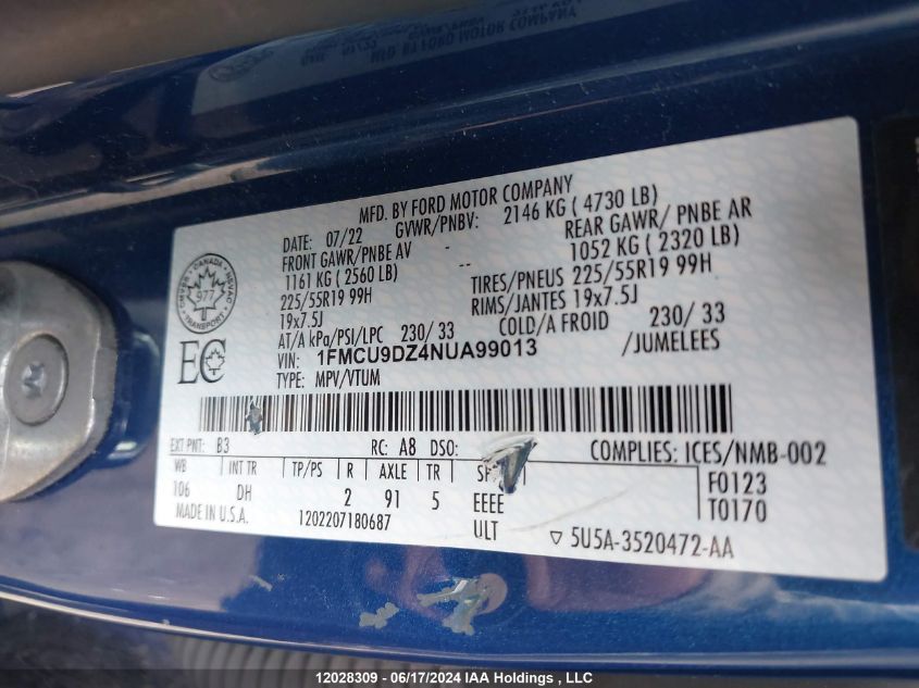 2022 Ford Escape Hybrid VIN: 1FMCU9DZ4NUA99013 Lot: 12028309