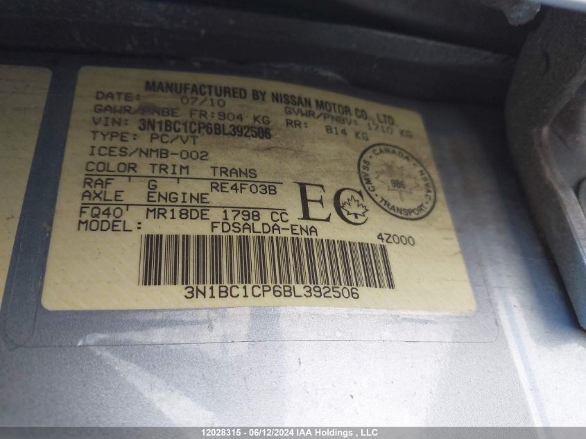 2011 Nissan Versa VIN: 3N1BC1CP6BL392506 Lot: 12028315