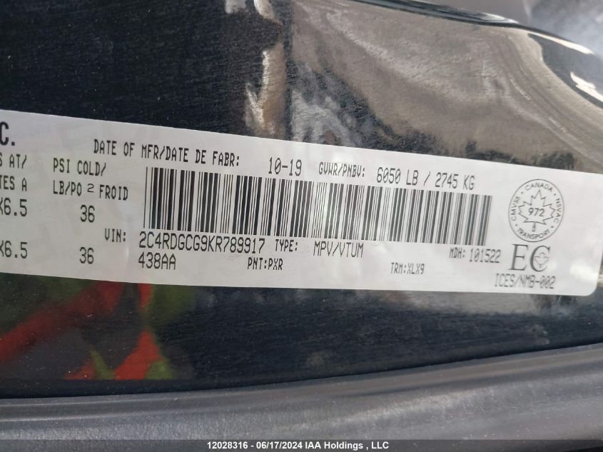 2019 Dodge Grand Caravan Sxt VIN: 2C4RDGCG9KR789917 Lot: 12028316