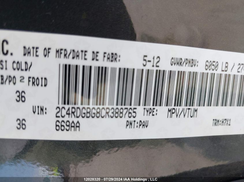 2012 Dodge Grand Caravan Se/Sxt VIN: 2C4RDGBG8CR388765 Lot: 12028320