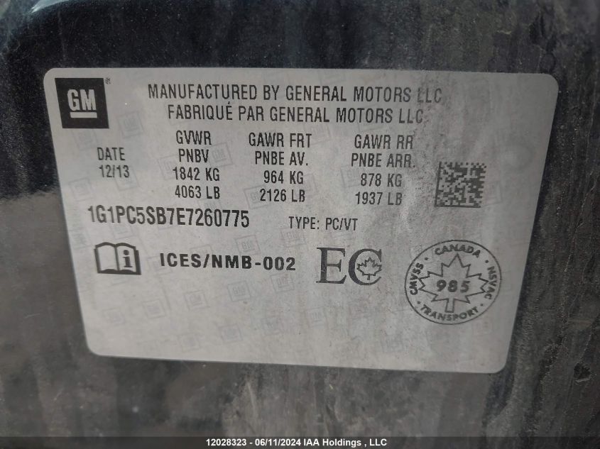 2014 Chevrolet Cruze Lt VIN: 1G1PC5SB7E7260775 Lot: 12028323