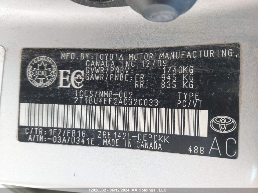 2010 Toyota Corolla Le VIN: 2T1BU4EE2AC320033 Lot: 12028332